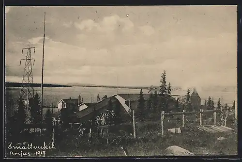 AK Porjus, Industriegebäude mit Blick auf einen See, Bergbau