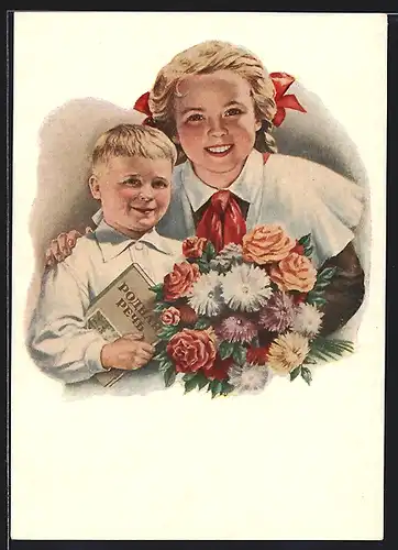 AK Junge Leninpioniere in weisser Kleidung mit Blumenstrauss und Buch