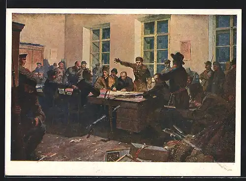 Künstler-AK Soldaten und Heerführer im Besprechungsraum, Revolution 1917