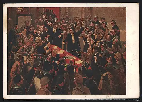 Künstler-AK Arrêt des membres du Gouvernement, Revolution 1917