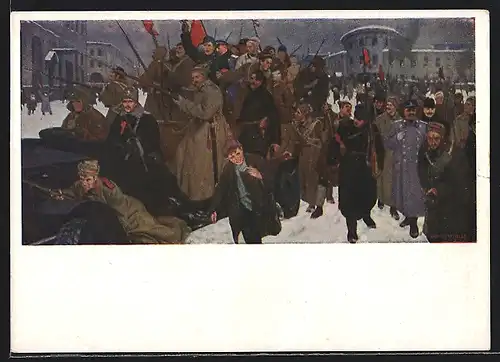 Künstler-AK Soldaten und Volk marschieren gemeinsam, Revolution 1917