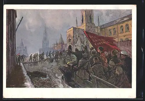 Künstler-AK Aufgebrachte Soldaten bei der Revolution in Moskau 1917