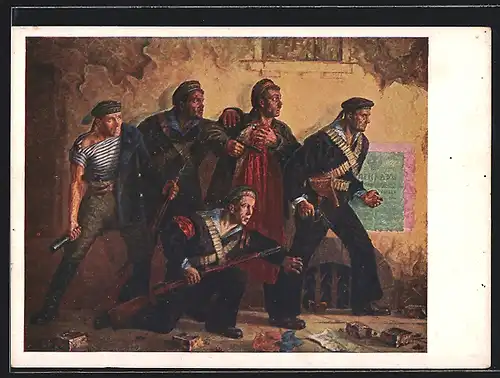 Künstler-AK Russische Soldaten und Arbeiter mit Gewehren hinter einer Mauer, Revolution 1917