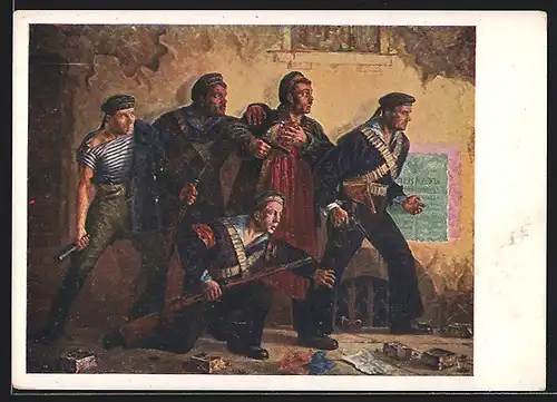 Künstler-AK Russische Soldaten mit Gewehren und Pistolen während der Revolution 1917