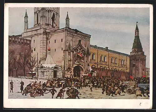 Künstler-AK Verwundete Soldaten vor dem Kreml, Revolution 1917