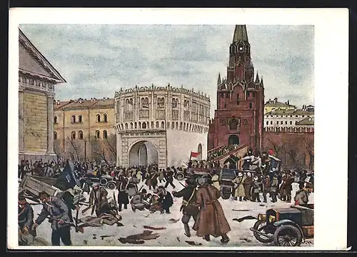 Künstler-AK Prise du Kremlin en 1917, près de la porte Troitsky, Revolution 1917