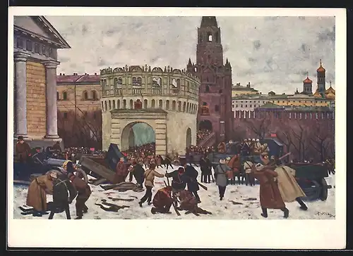 Künstler-AK Verwundete Soldaten und Arbeiter auf den Strassen am 2. November, Revolution 1917