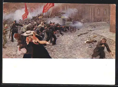 Künstler-AK Soldaten schiessen auf offener Strasse während der Revolution 1917