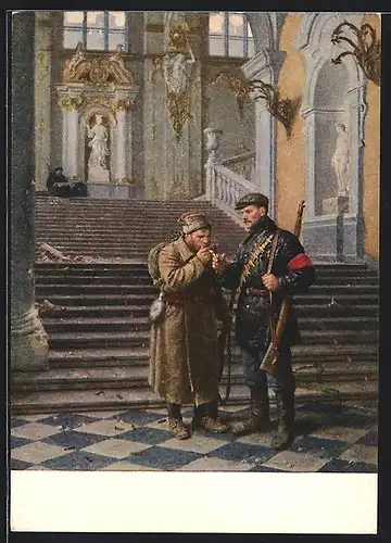 Künstler-AK Russische Soldaten in Uniformen mit Gewehren beim Rauchen, Revolution 1917