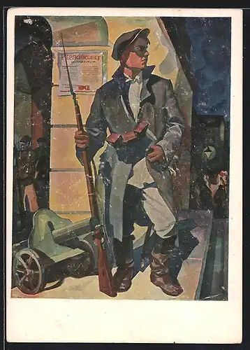 Künstler-AK Soldat in Uniform nebst Kanone mit Gewehr, Revolution 1917