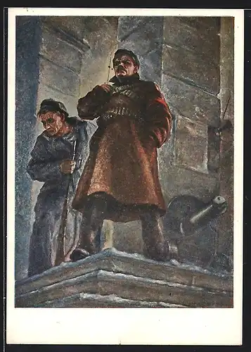 Künstler-AK Soldaten nebst Kanone schauen vom Turm herab, Revolution 1917