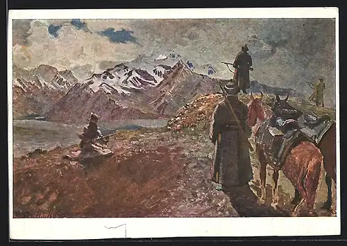 Künstler-AK Soldaten der Roten Armee im Gebirge