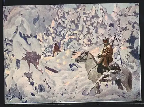 Künstler-AK Patrouille der Roten Armee im Winterwald