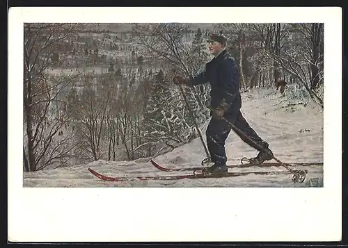 Künstler-AK Marschall Woroschilow auf Skiern, Rote Armee