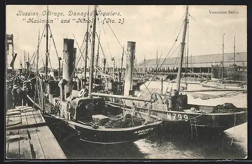 AK Doggerbank-Zwischenfall 1904, Russian Outrage, Damaged Trawlers Moulmein and Mino
