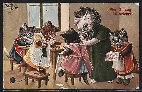 Künstler-AK A. Thiele: Aller Anfang ist schwer, Katze bringt kleinen Katzen Handarbeiten bei