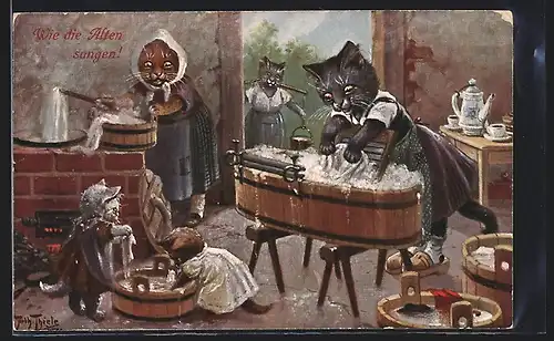 Künstler-AK A. Thiele: vermenschlichte Katzen, Katzen beim Wäsche waschen