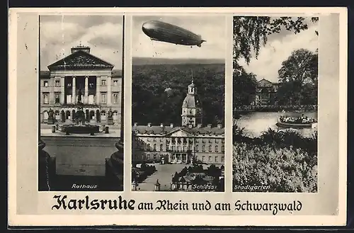 AK Karlsruhe am Rhein und am Schwarzwald, Rathaus, Stadtgarten, Schloss mit Zeppelin