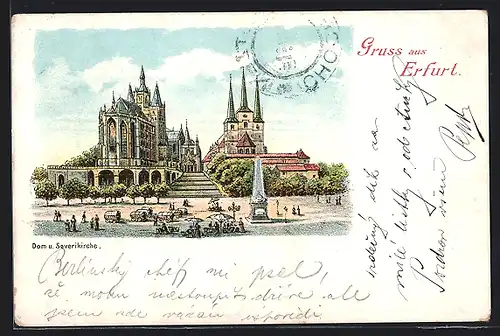 Lithographie Erfurt, Dom und Severikirche, Markt, Obelisk