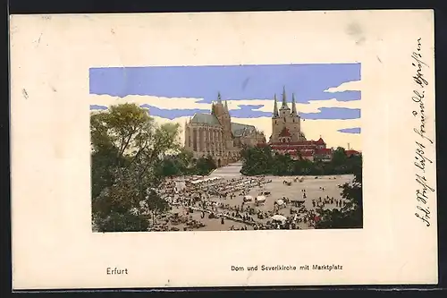 AK Erfurt, Dom und Severikirche mit Marktplatz aus der Vogelschau