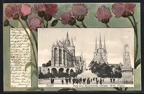 Passepartout-Lithographie Erfurt, Dom und Severikirche mit Friedr. Wilh. Platz, Blumen