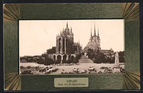 Passepartout-AK Erfurt, Dom und Severikirche mit Markt aus der Vogelschau