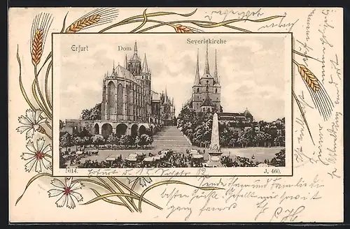 Passepartout-Lithographie Erfurt, Marktplatz mit Dom und Severi, Ähren