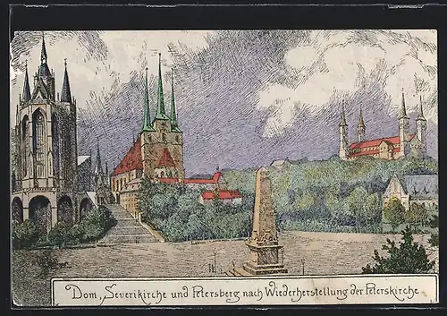 Künstler-AK Erfurt, Dom, Severikirche und Petersberg nach Wiederherstellung der Peterskirche