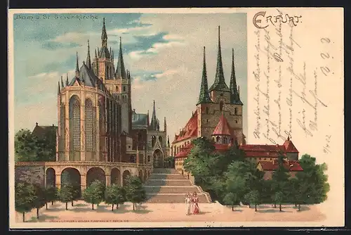 Lithographie Erfurt, Dom und Severikirche mit Treppe und Passantinnen