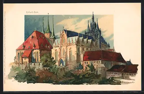 Künstler-Lithographie Otto Hammel: Erfurt, Blick zum Dom