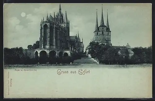 Mondschein-AK Erfurt, Dom und Severikirche bei Vollmond