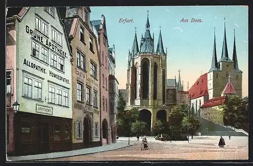 AK Erfurt, Strassenpartie mit der Grünen Apotheke vor dem Dom