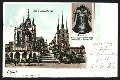 Lithographie Erfurt, Dom und Severikirche und Glocke Gloriosa