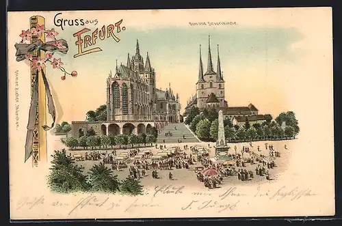 Lithographie Erfurt, Dom & Severikirche