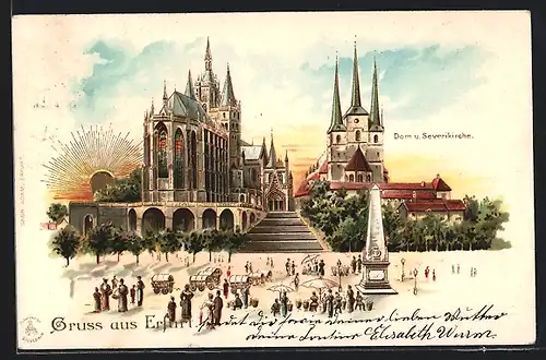 Lithographie Erfurt, Dom und Severikirche mit Denkmal