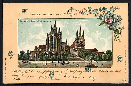 Präge-Lithographie Erfurt, Dom und Severikirche mit Minervabrunnen