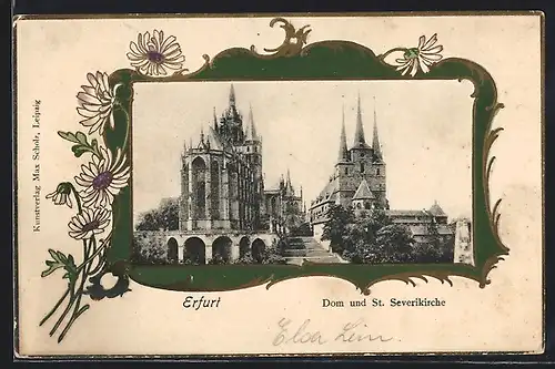 Präge-AK Erfurt, Dom und St. Severikirche, Blumen, Passepartout