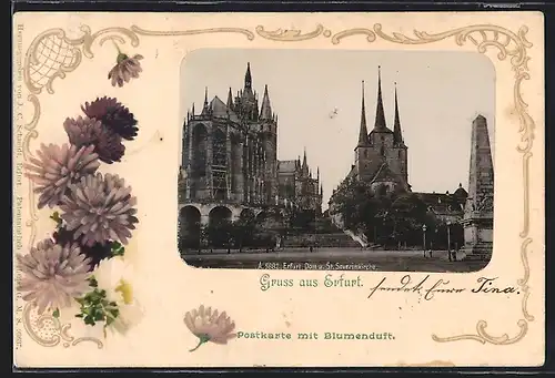 AK Erfurt, Dom und St. Severinkirche, Crysanthemen, Passepartout