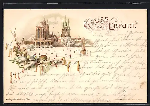 Lithographie Erfurt, Dom mit Eisläufern im Winter