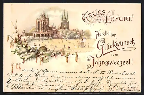 Lithographie Erfurt, Dom mit Eisläufern im Winter, Neujahrsgruss