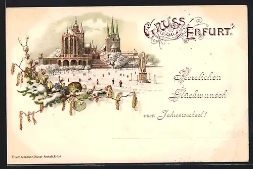 Winter-Lithographie Erfurt, Blick auf Kirche