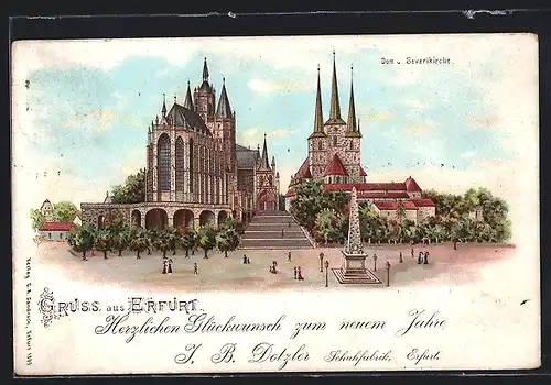 Lithographie Erfurt, Dom und Severikirche, Neujahrsgruss