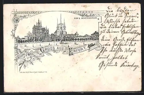 Lithographie Erfurt, Dom und Severinkirche