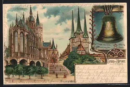 Lithographie Erfurt, Dom und Severinkirche