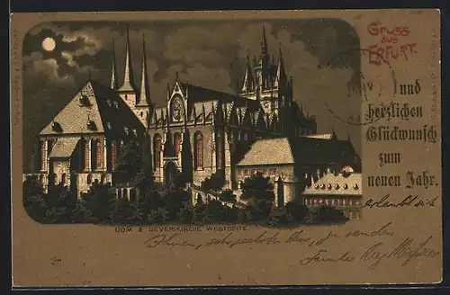 Lithographie Erfurt, Westseite von Dom und Severikirche