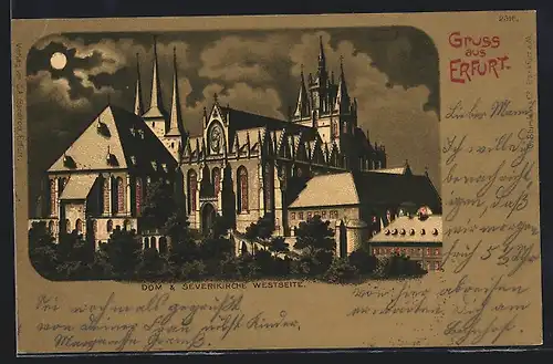 Lithographie Erfurt, Westseite des Doms und der Severikirche