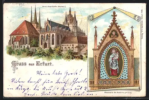 Lithographie Erfurt, Dom und Severikirche (Westseite), Mosaikbild der Madonna (am Dom)