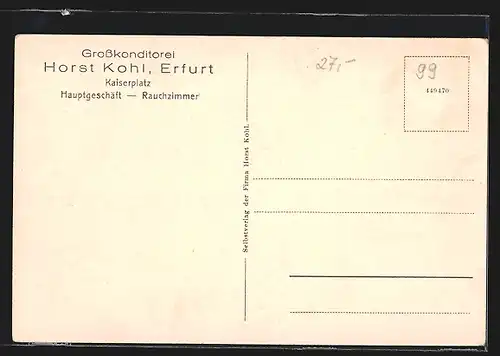 AK Erfurt, Grosskonditorei u. Cafe Horst Kohl, Kaiserplatz, Rauchzimmer