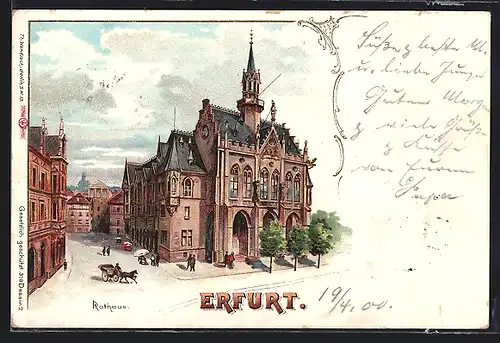 Lithographie Erfurt, Rathaus mit Pferdewagen