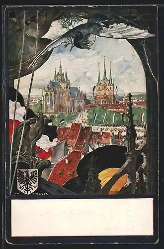 Künstler-AK sign. Max Honegger: Erfurt, Ortspartie mit Dom, Wappen